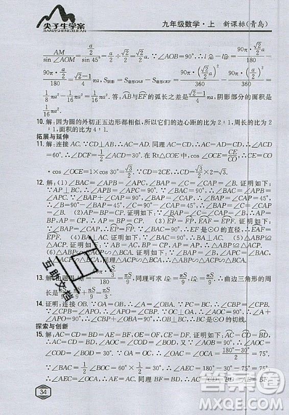 青島出版社2020年九年級上冊數(shù)學(xué)青島版教材習(xí)題答案