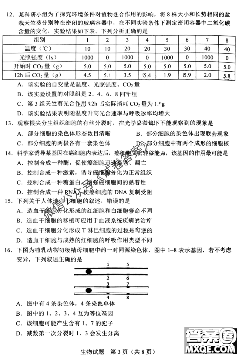 長(zhǎng)春市2021屆高三質(zhì)量監(jiān)測(cè)一物理生物試題及答案