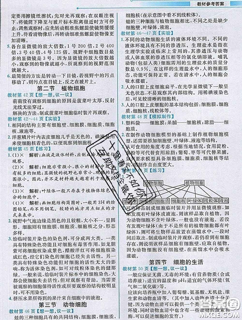 人民教育出版社2020秋課本教材七年級(jí)生物上冊(cè)人教版參考答案