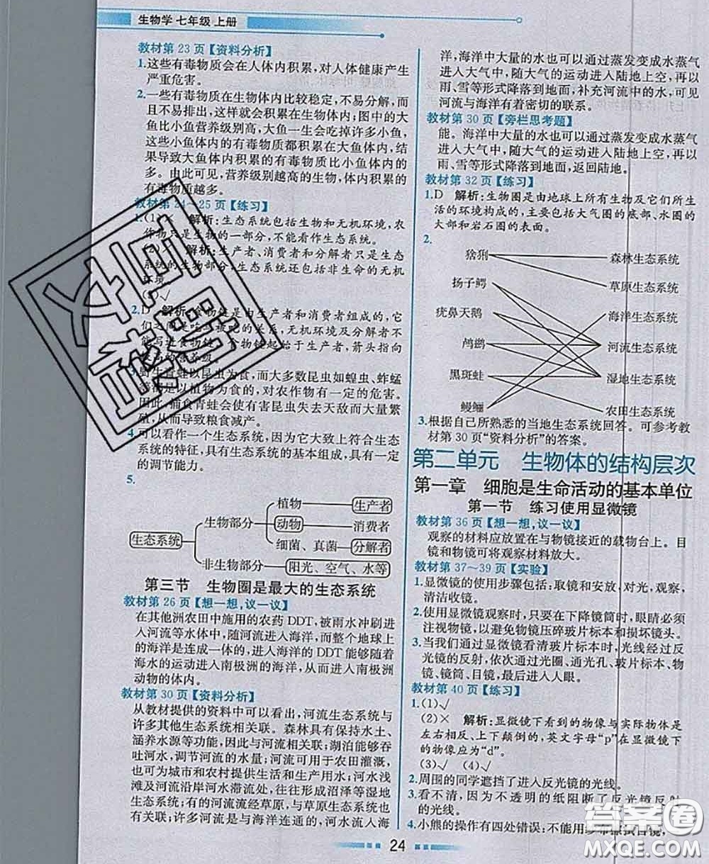 人民教育出版社2020秋課本教材七年級(jí)生物上冊(cè)人教版參考答案