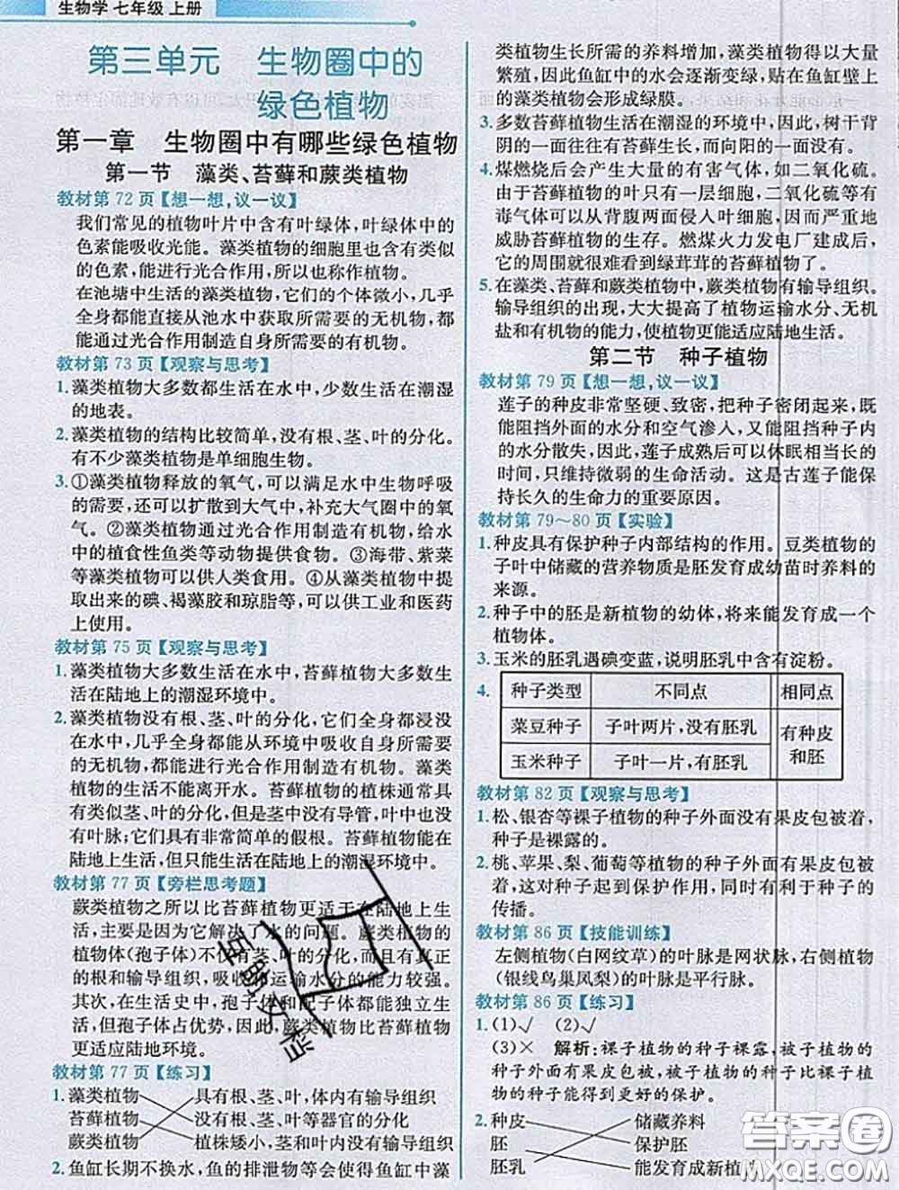 人民教育出版社2020秋課本教材七年級(jí)生物上冊(cè)人教版參考答案