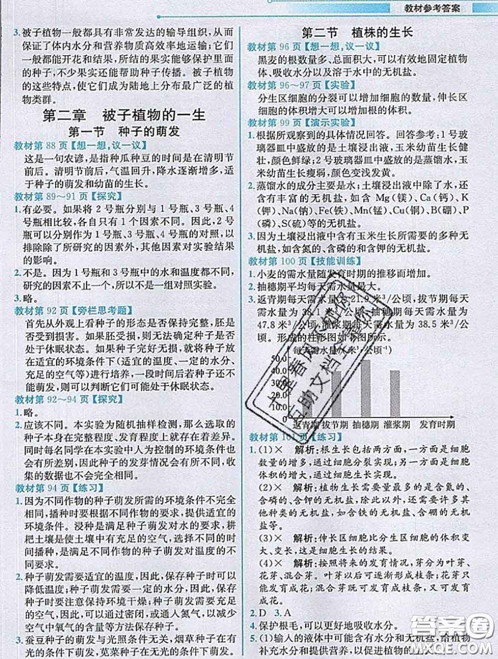 人民教育出版社2020秋課本教材七年級(jí)生物上冊(cè)人教版參考答案