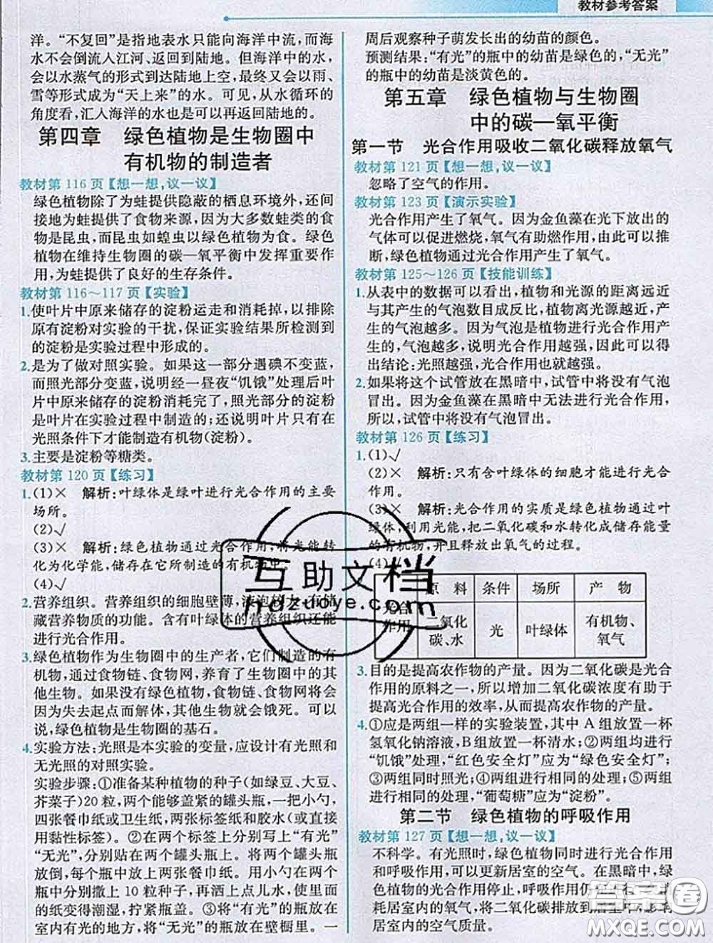 人民教育出版社2020秋課本教材七年級(jí)生物上冊(cè)人教版參考答案