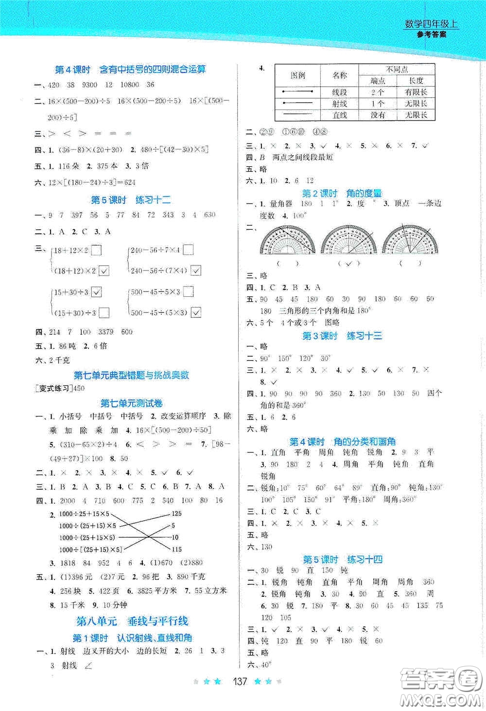 江蘇鳳凰美術(shù)出版社2020創(chuàng)新課時作業(yè)本四年級數(shù)學(xué)上冊江蘇版答案