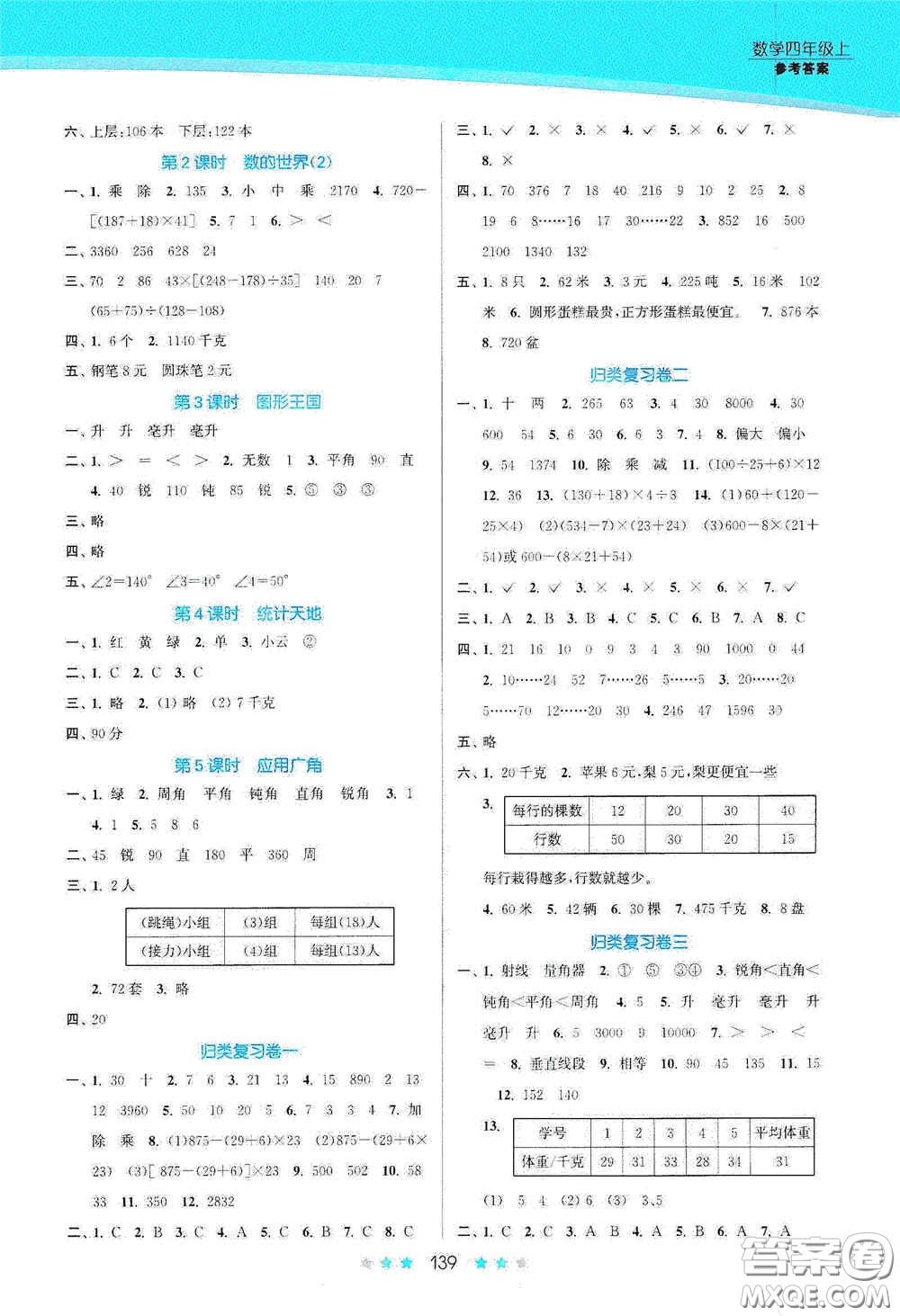 江蘇鳳凰美術(shù)出版社2020創(chuàng)新課時作業(yè)本四年級數(shù)學(xué)上冊江蘇版答案