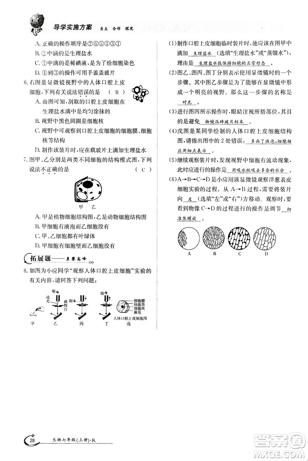 江西高校出版社2020年金太陽導學案生物七年級上冊人教版答案