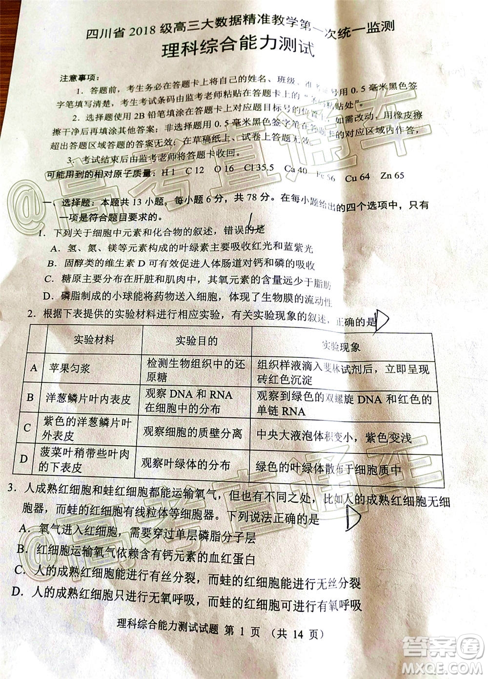 四川省2018級高三大數(shù)據(jù)精準(zhǔn)教學(xué)第一次統(tǒng)一監(jiān)測理科綜合試題及答案
