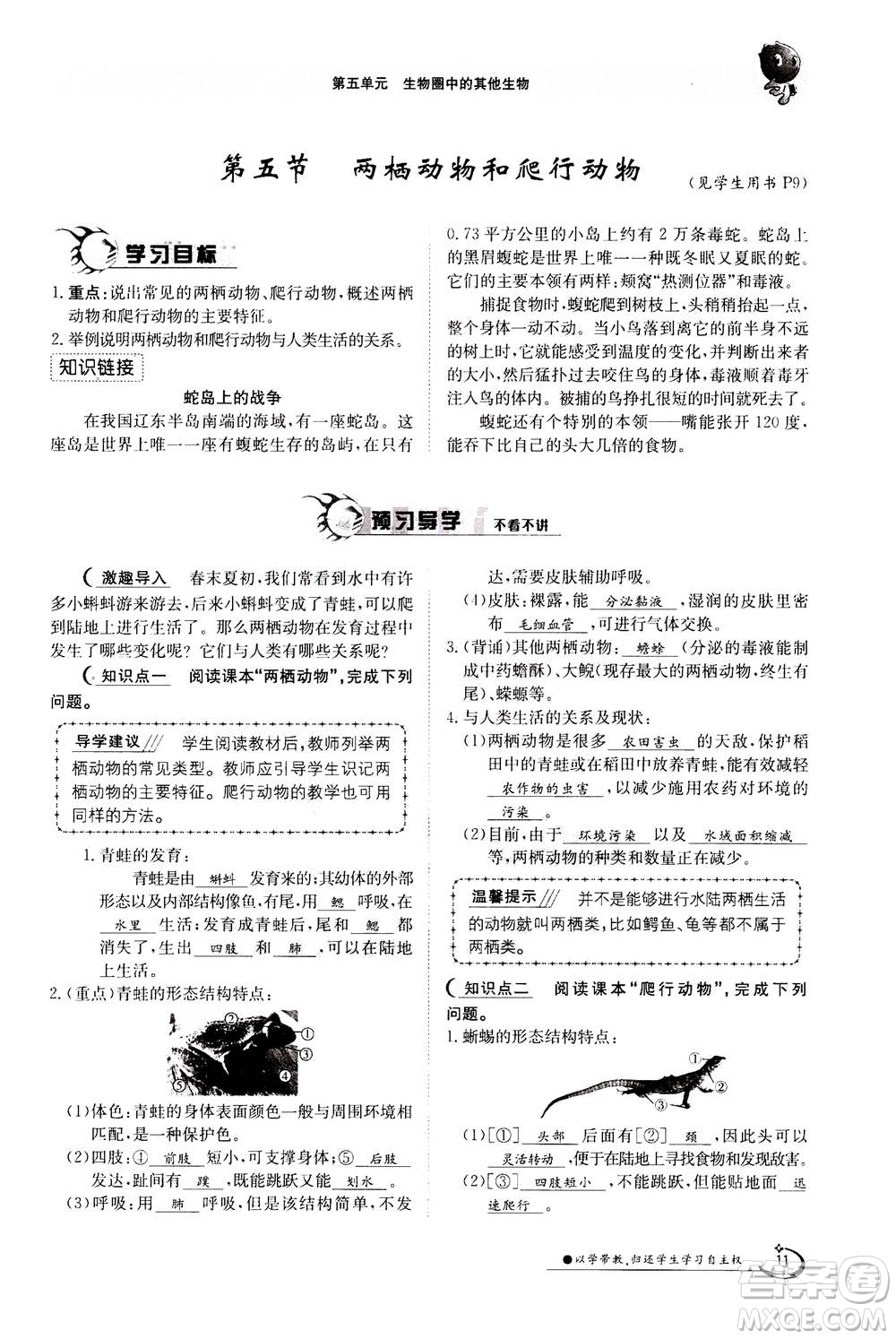 江西高校出版社2020年金太陽導(dǎo)學(xué)案生物八年級上冊人教版答案
