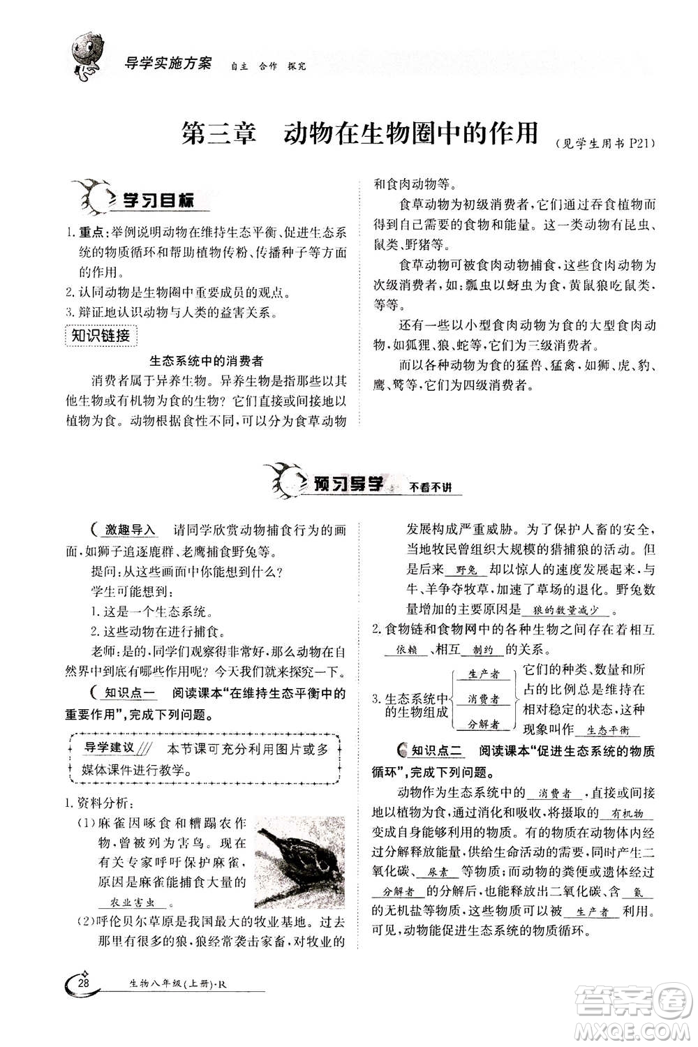 江西高校出版社2020年金太陽導(dǎo)學(xué)案生物八年級上冊人教版答案