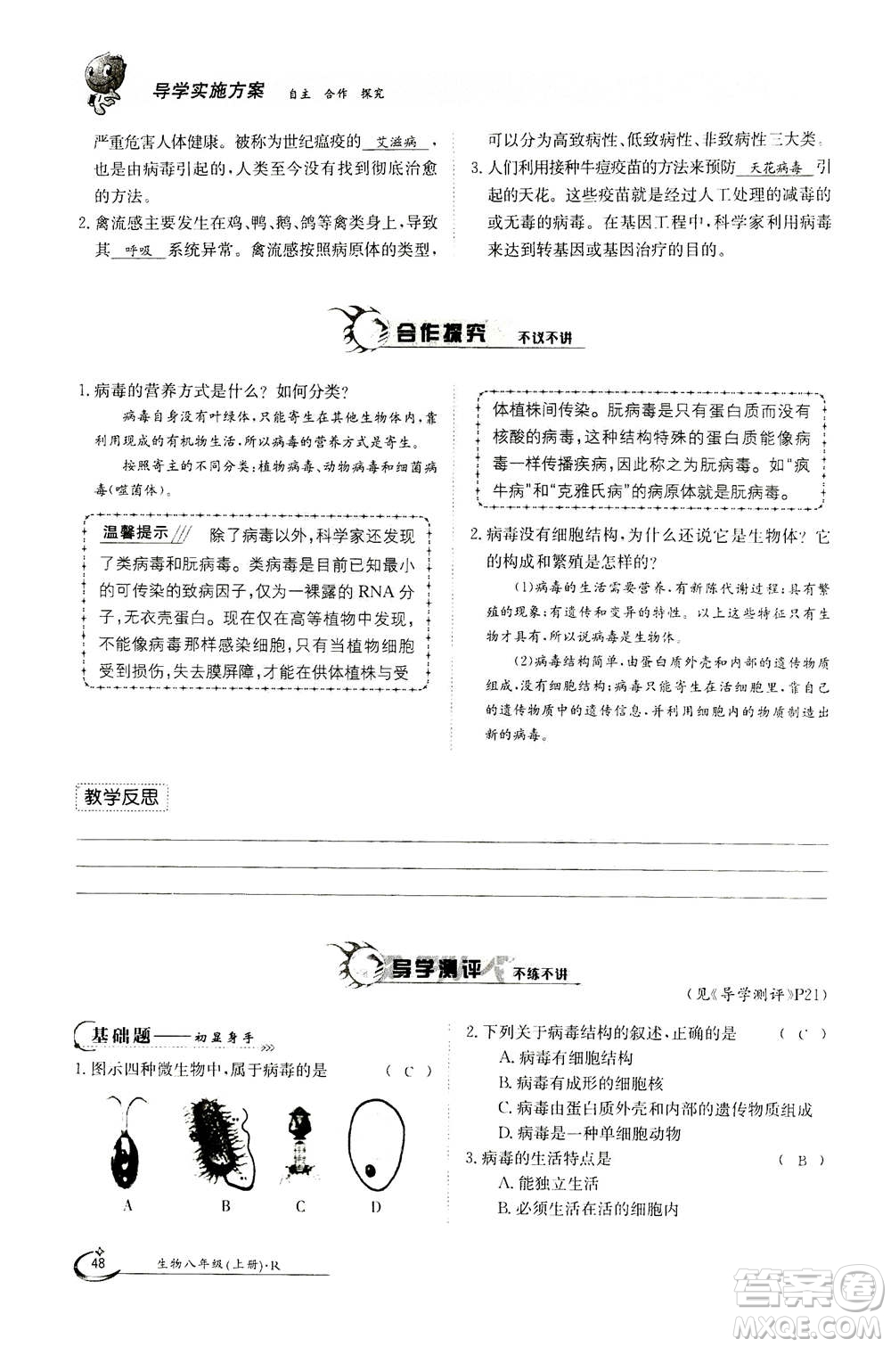 江西高校出版社2020年金太陽導(dǎo)學(xué)案生物八年級上冊人教版答案
