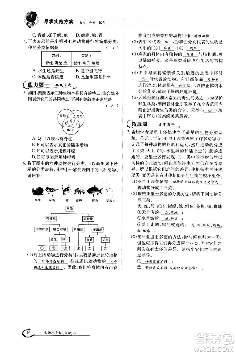 江西高校出版社2020年金太陽導(dǎo)學(xué)案生物八年級上冊人教版答案