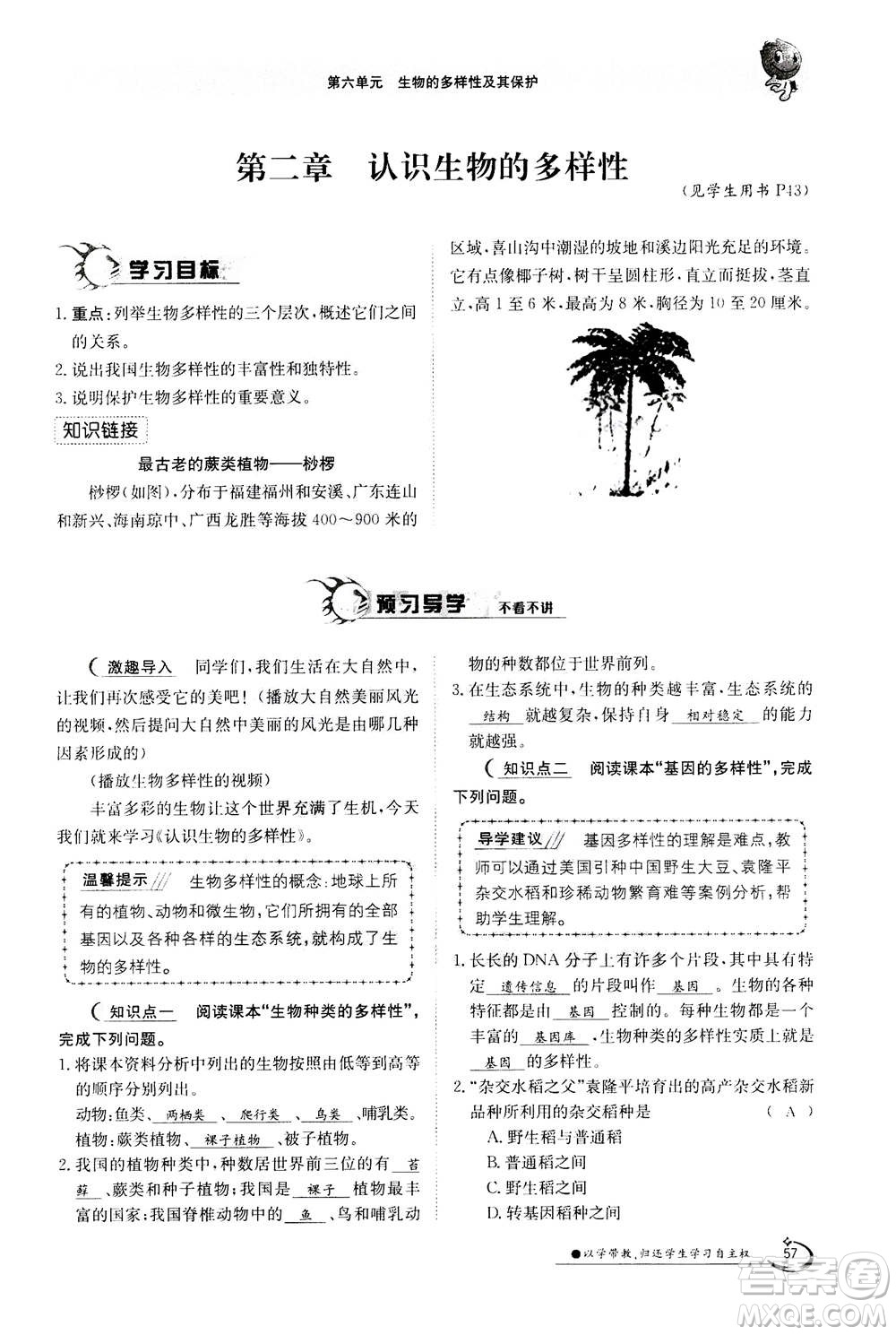 江西高校出版社2020年金太陽導(dǎo)學(xué)案生物八年級上冊人教版答案