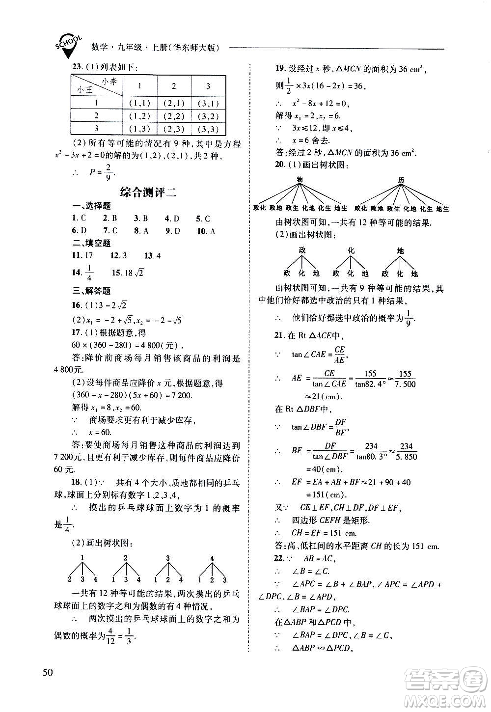 2020年新課程問(wèn)題解決導(dǎo)學(xué)方案數(shù)學(xué)九年級(jí)上冊(cè)華東師大版答案