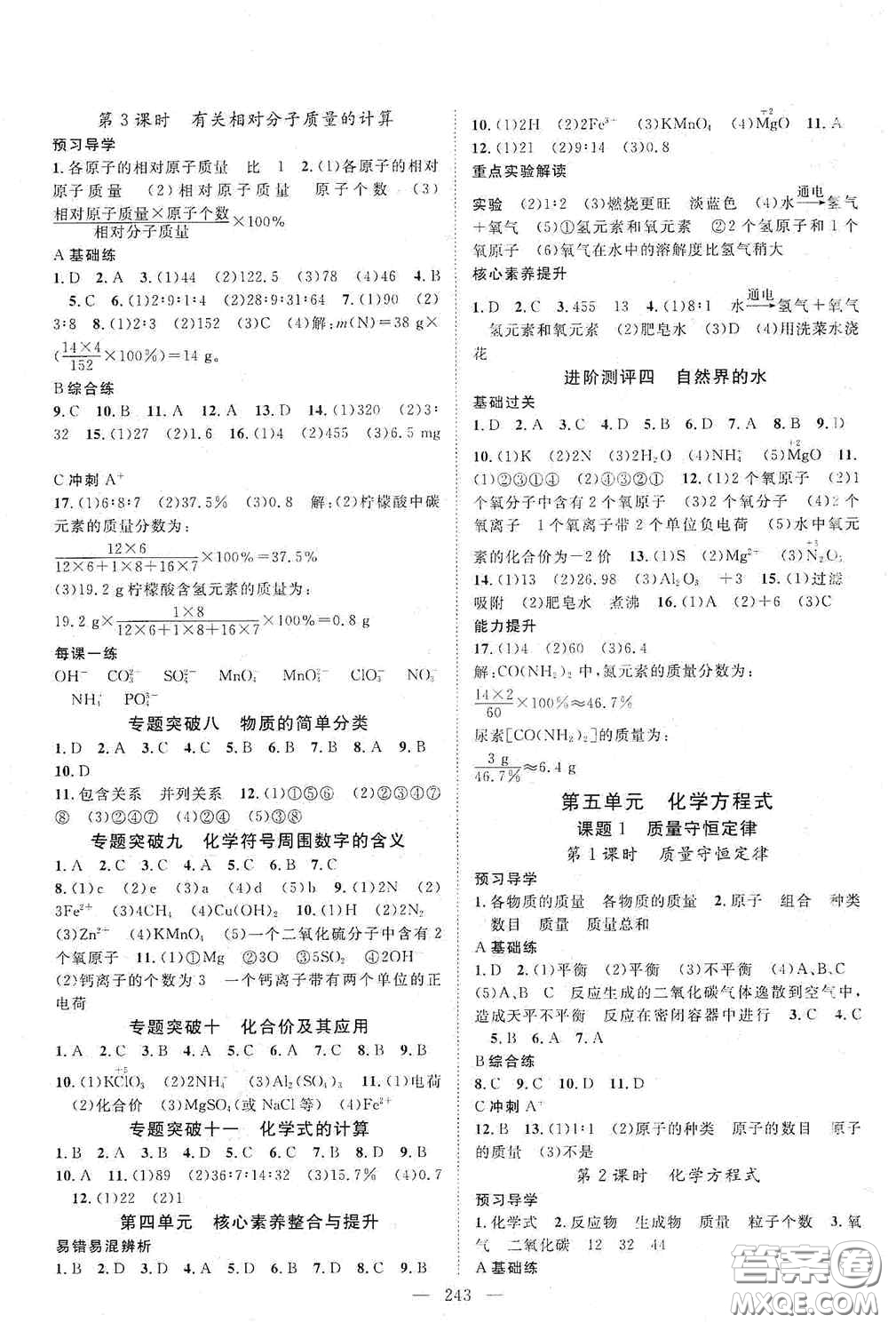 2020名師學案分層進階學習法化學九年級全一冊答案