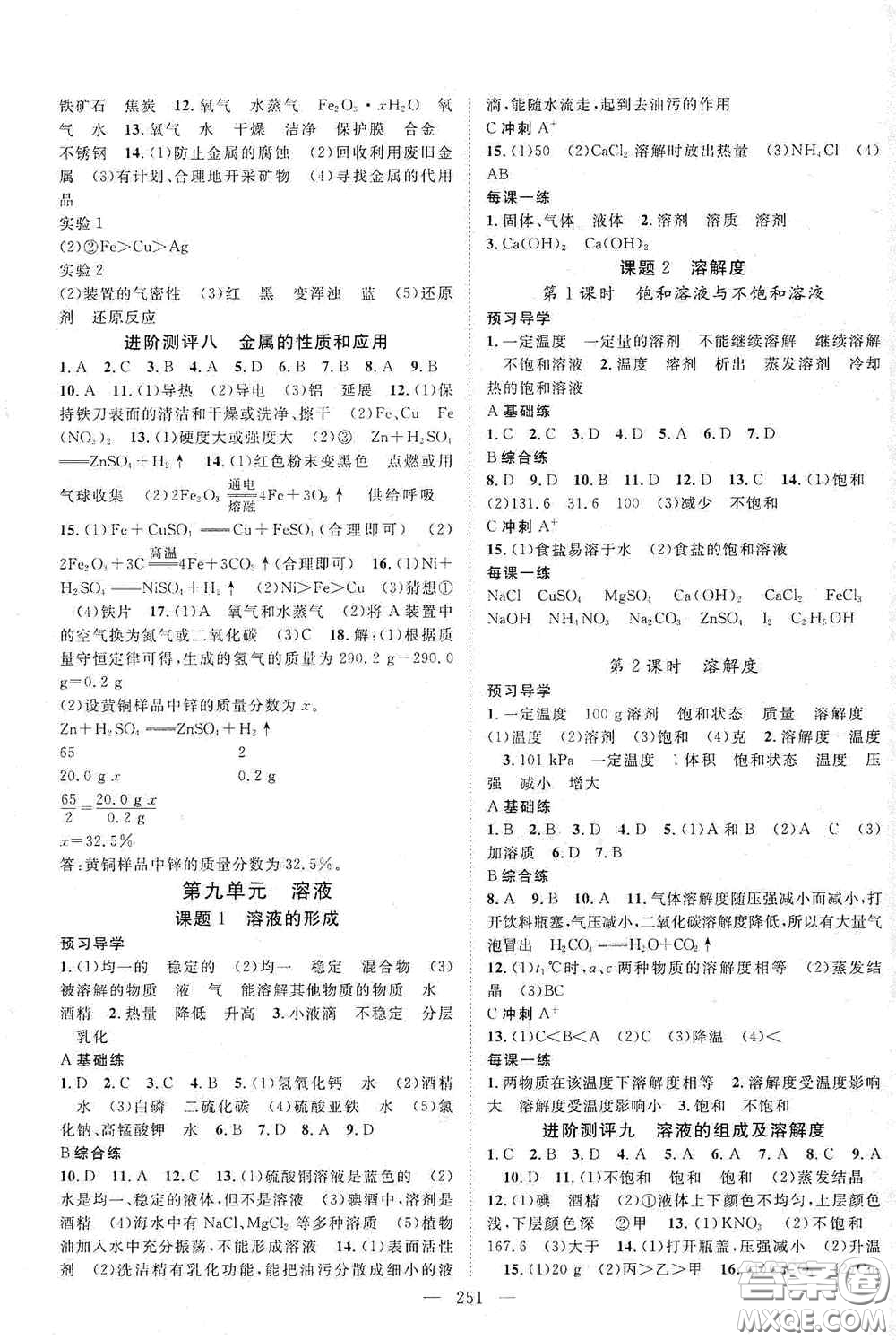 2020名師學案分層進階學習法化學九年級全一冊答案