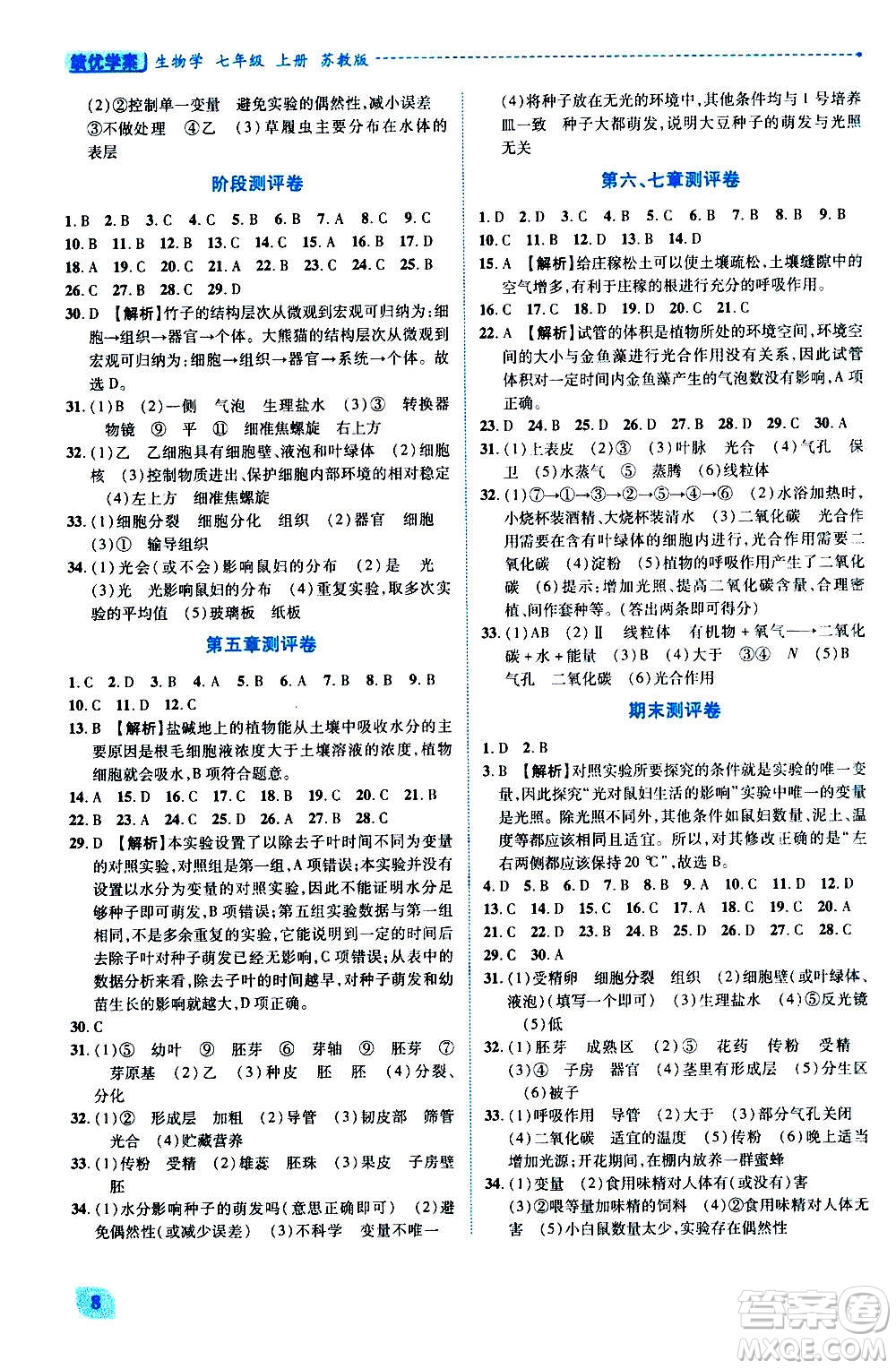 陜西師范大學(xué)出版總社2020年績優(yōu)學(xué)案生物學(xué)七年級(jí)上冊(cè)蘇教版答案