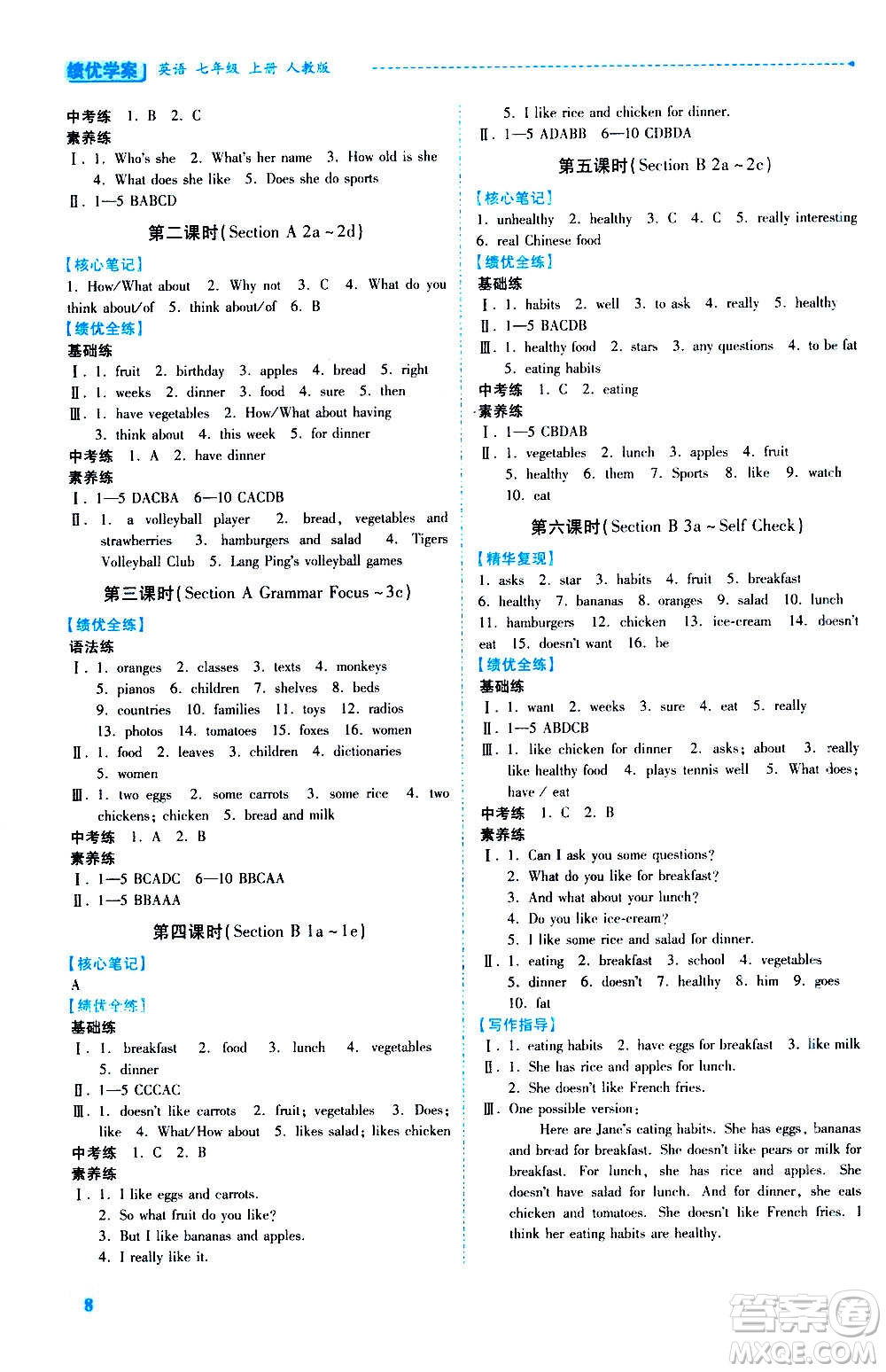 陜西師范大學(xué)出版總社2020年績優(yōu)學(xué)案英語七年級上冊人教版答案