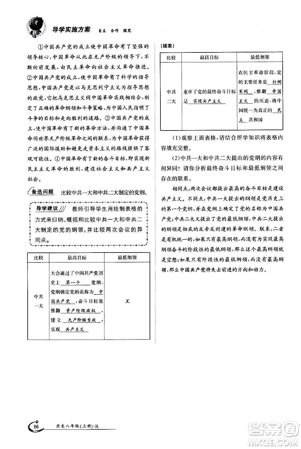 江西高校出版社2020年金太陽導(dǎo)學(xué)案歷史八年級(jí)上冊(cè)人教版答案