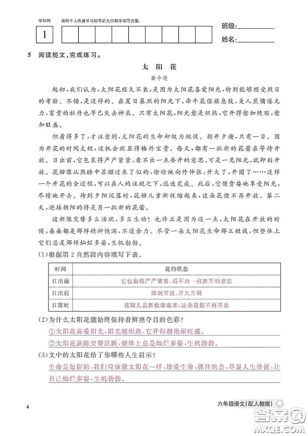江西教育出版社2020語文作業(yè)本六年級(jí)語文上冊人教版答案