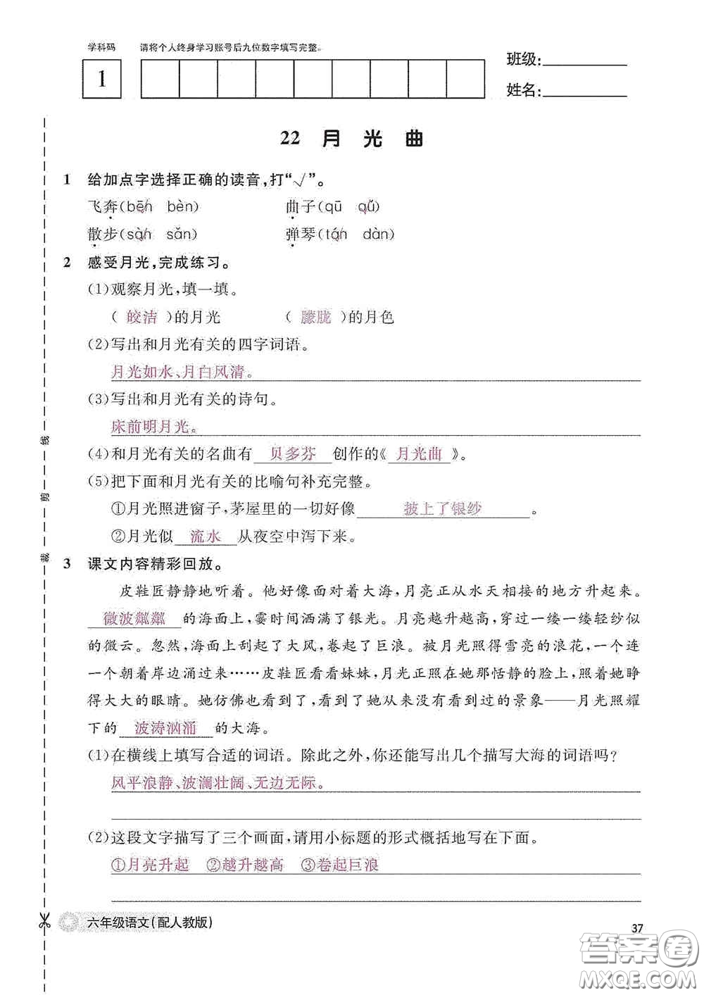江西教育出版社2020語文作業(yè)本六年級(jí)語文上冊人教版答案