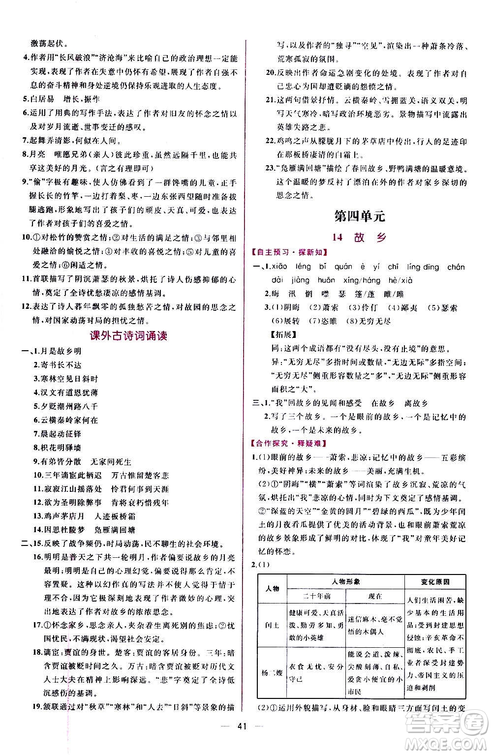 人民教育出版社2020年同步學(xué)歷案課時(shí)練語文九年級上冊部編版答案