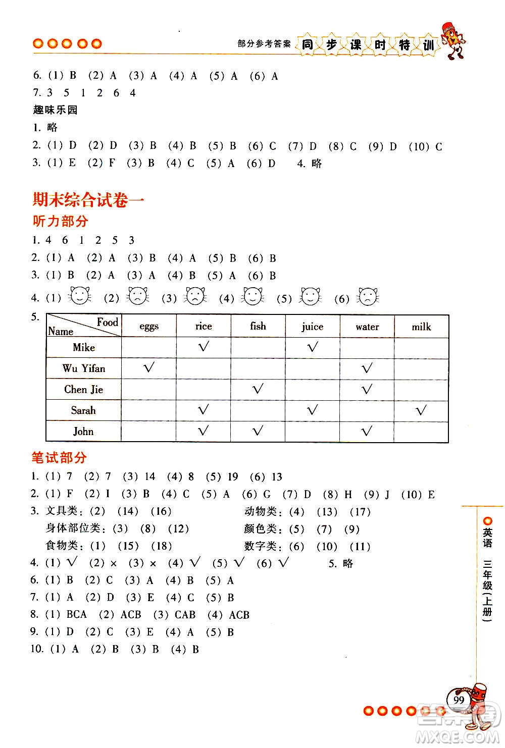 浙江少年兒童出版社2020年同步課時特訓英語三年級上冊R人教版答案