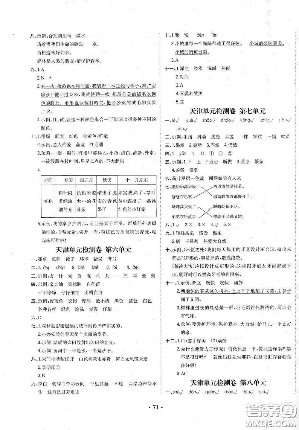 現(xiàn)代教育出版社2020陽光課堂質監(jiān)天津單元檢測卷三年級語文上冊答案