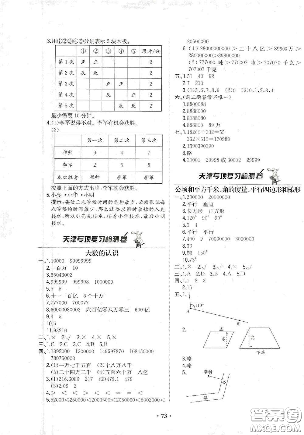 現(xiàn)代教育出版社2020陽光課堂質監(jiān)天津單元檢測卷四年級數(shù)學上冊答案