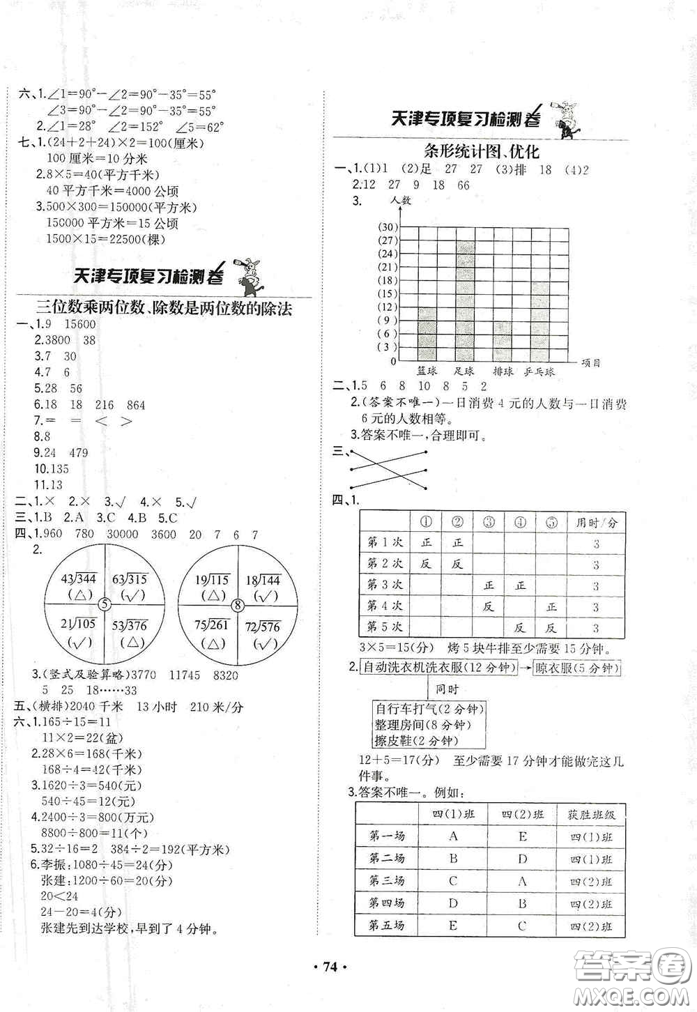 現(xiàn)代教育出版社2020陽光課堂質監(jiān)天津單元檢測卷四年級數(shù)學上冊答案