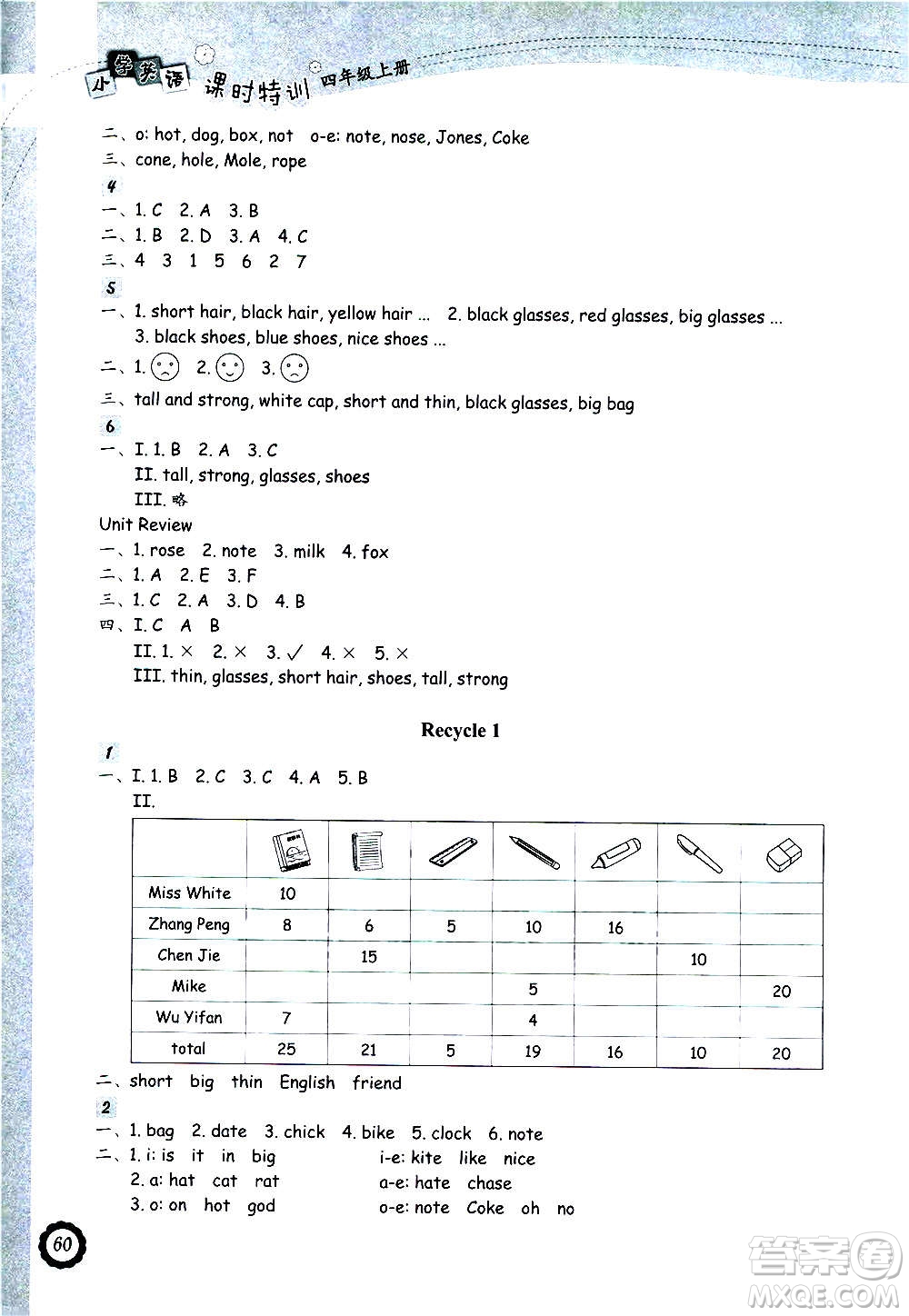浙江教育出版社2020年小學英語課時特訓四年級上冊答案