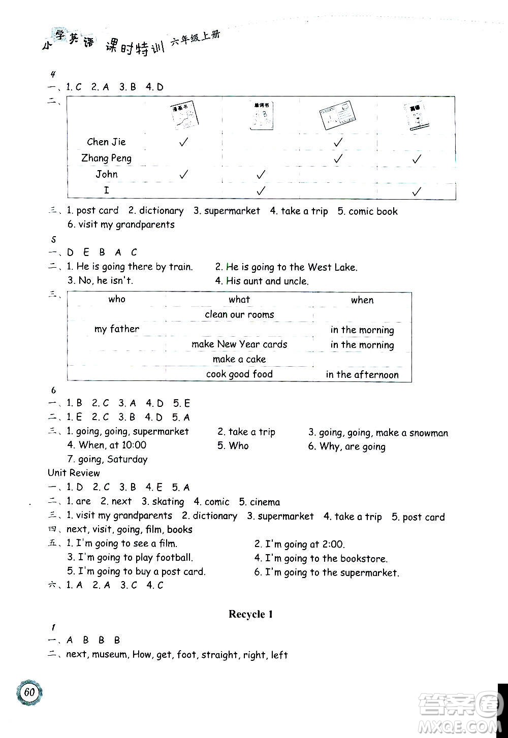 浙江教育出版社2020年小學(xué)英語課時特訓(xùn)六年級上冊答案