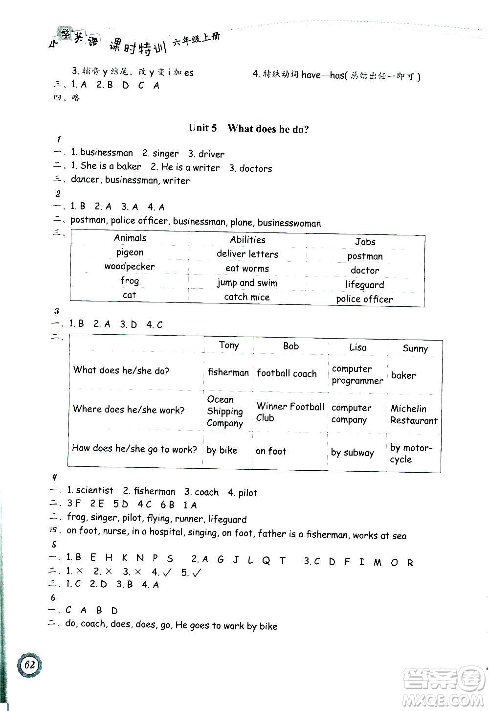 浙江教育出版社2020年小學(xué)英語課時特訓(xùn)六年級上冊答案