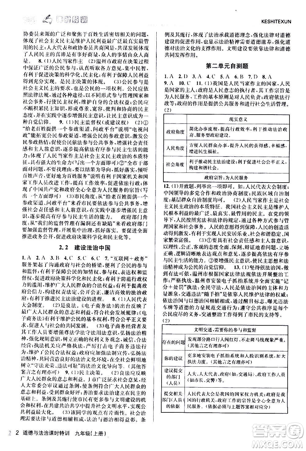 浙江人民出版社2020年課時(shí)特訓(xùn)道德與法治九年級(jí)上冊人教版答案