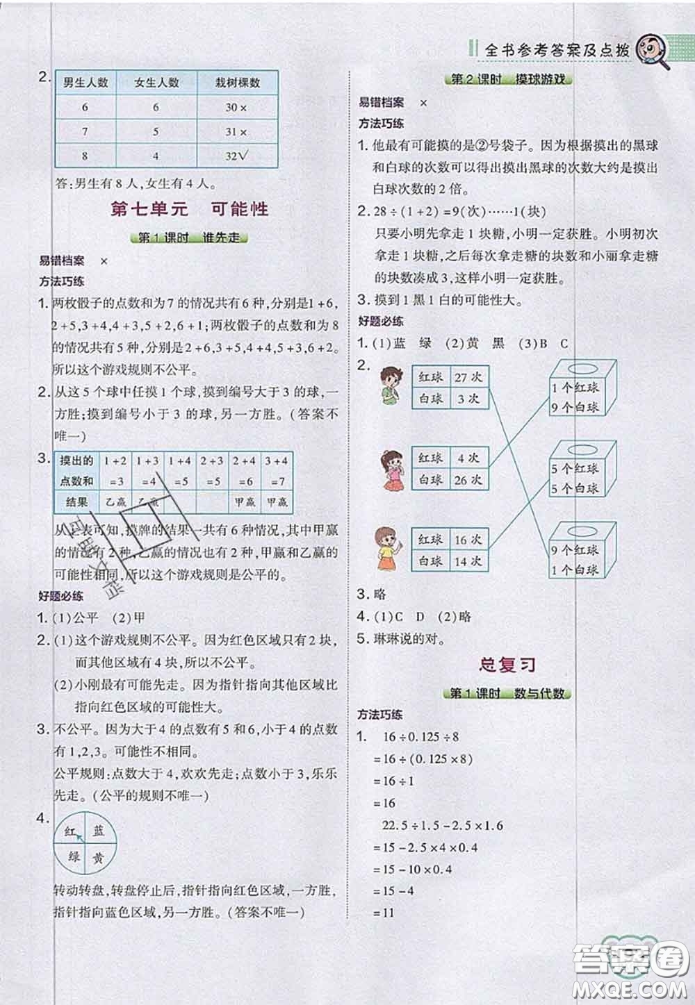 2020秋榮德基特高級(jí)教師點(diǎn)撥五年級(jí)數(shù)學(xué)上冊北師版參考答案