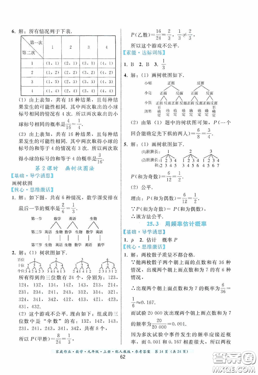 貴州科技出版社2020家庭作業(yè)九年級數(shù)學(xué)上冊人教版的答案