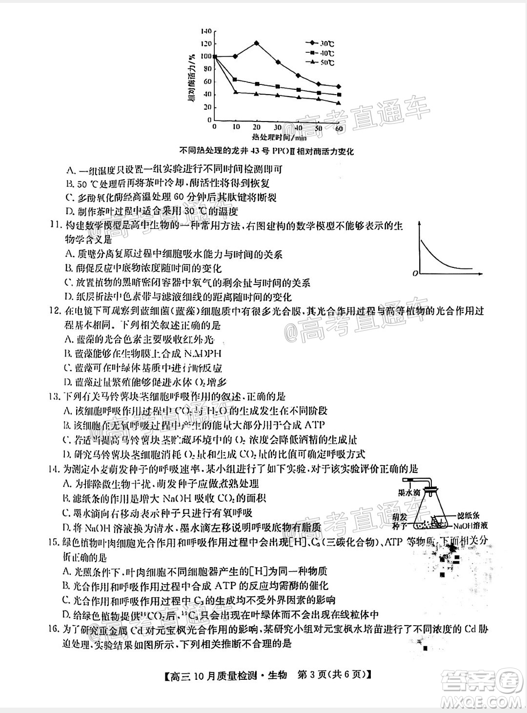 九師聯(lián)盟2020-2021學(xué)年高三10月質(zhì)量檢測生物試題及答案