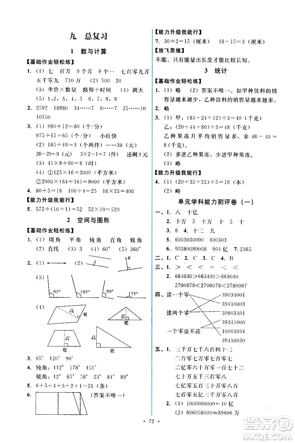 人民教育出版社2020年能力培養(yǎng)與測試數(shù)學四年級上冊人教版湖南專版答案