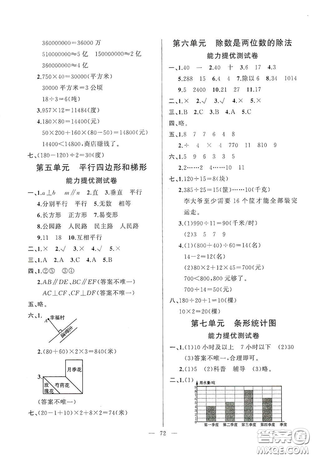 山東文藝出版社2020小學(xué)單元測試卷四年級(jí)數(shù)學(xué)上冊人教版答案