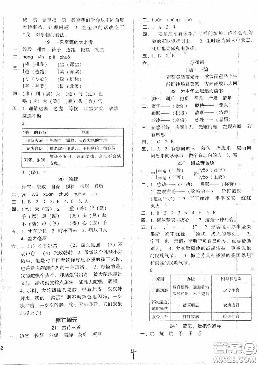 遼寧教育出版社2020尖子生課時(shí)作業(yè)四年級(jí)語文上冊(cè)人教版答案