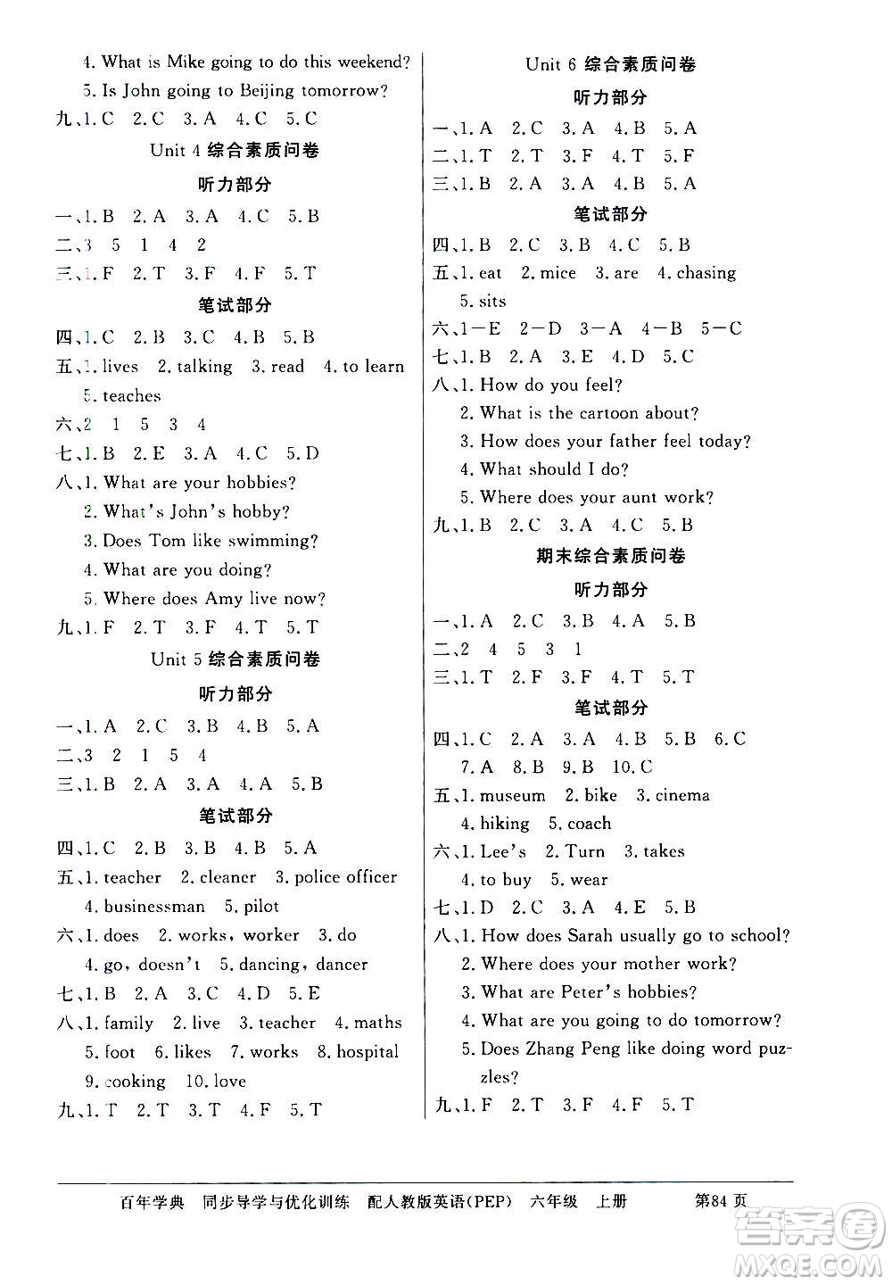2020年百年學(xué)典同步導(dǎo)學(xué)與優(yōu)化訓(xùn)練英語(yǔ)六年級(jí)上冊(cè)人教版答案