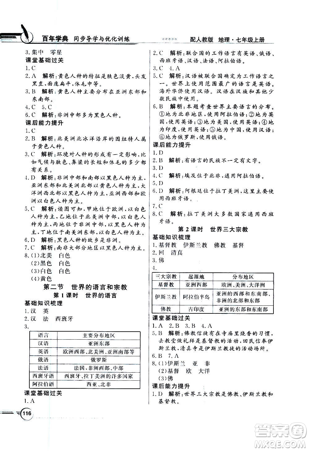 2020年百年學(xué)典同步導(dǎo)學(xué)與優(yōu)化訓(xùn)練地理七年級(jí)上冊(cè)人教版答案