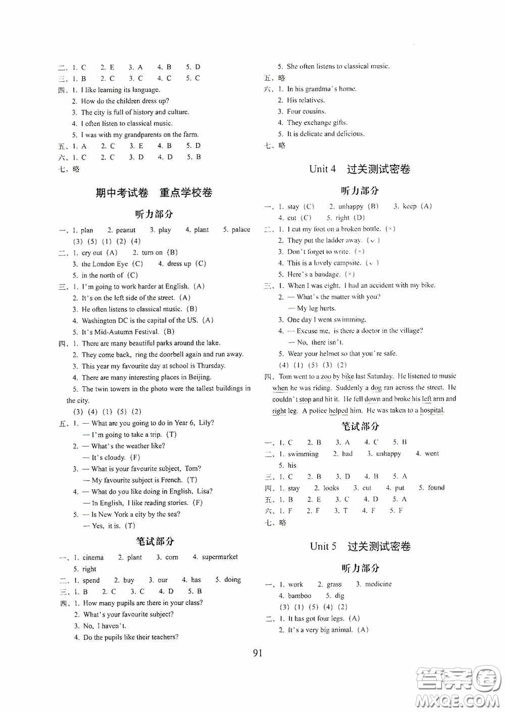 開明出版社2020小學(xué)期末沖刺100分完全試卷六年級英語上冊外研版武漢專用答案