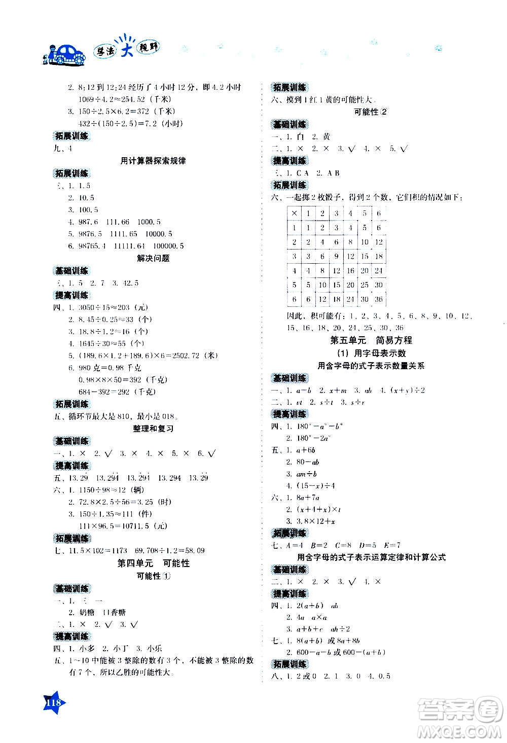 湖南教育出版社2020年學(xué)法大視野數(shù)學(xué)五年級上冊人教版答案