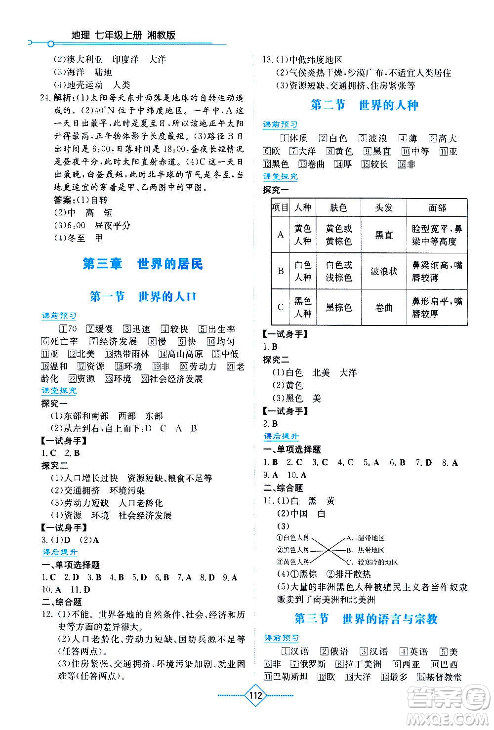 湖南教育出版社2020年學(xué)法大視野地理七年級上冊湘教版答案