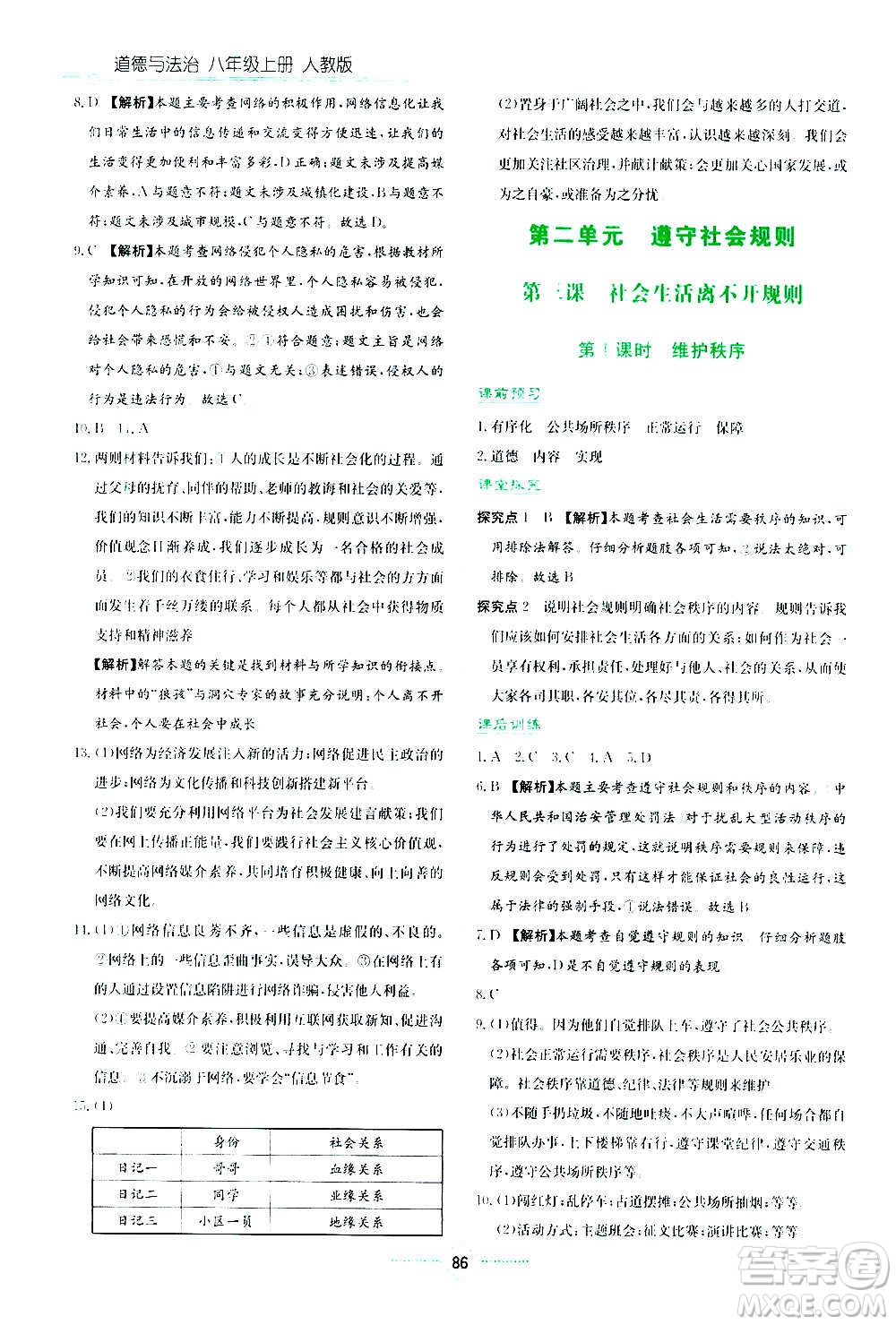 湖南教育出版社2020年學法大視野道德與法治八年級上冊人教版答案
