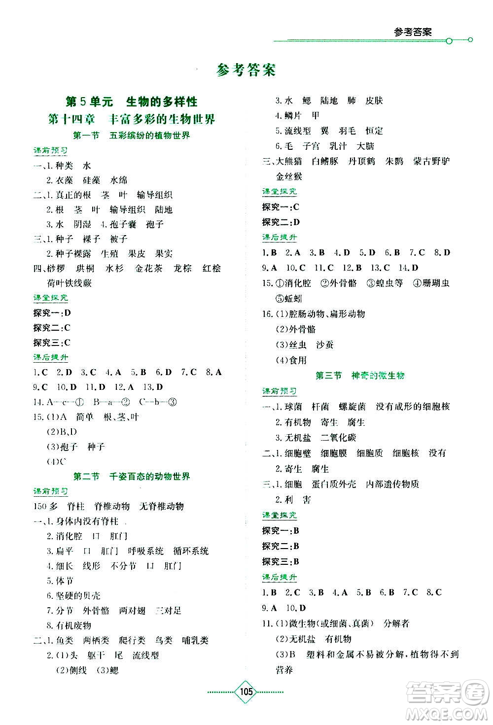 湖南教育出版社2020年學(xué)法大視野生物八年級上冊蘇教版答案