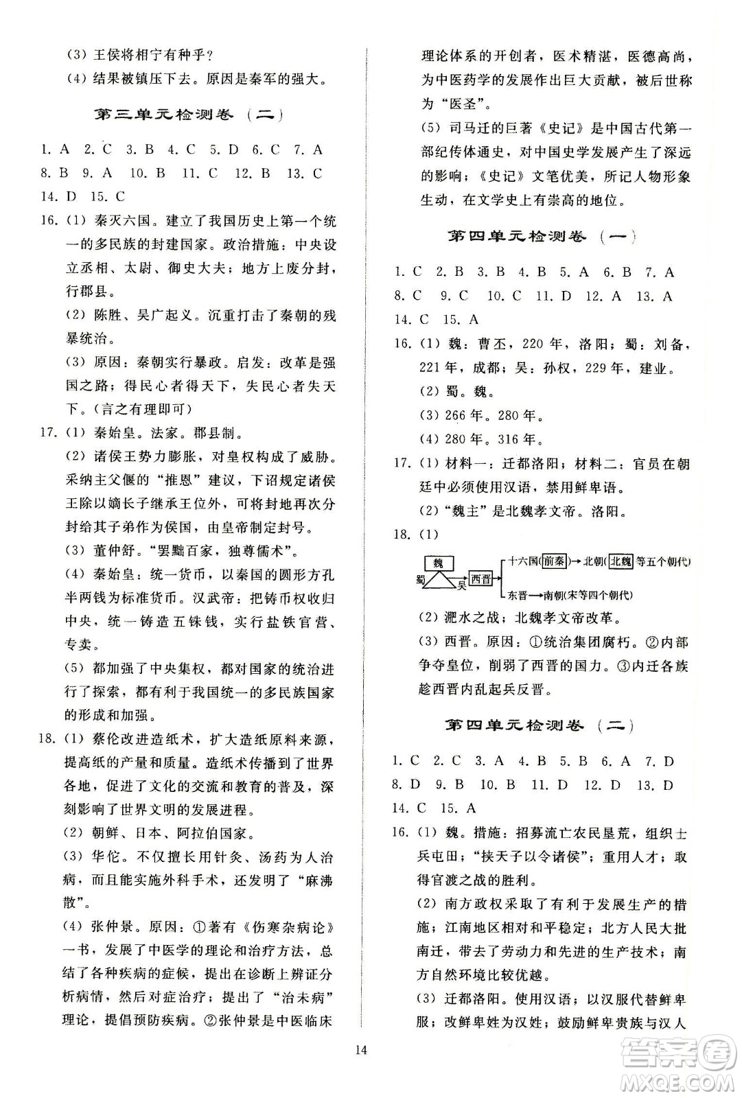人民教育出版社2020秋同步輕松練習(xí)中國歷史七年級上冊人教版答案