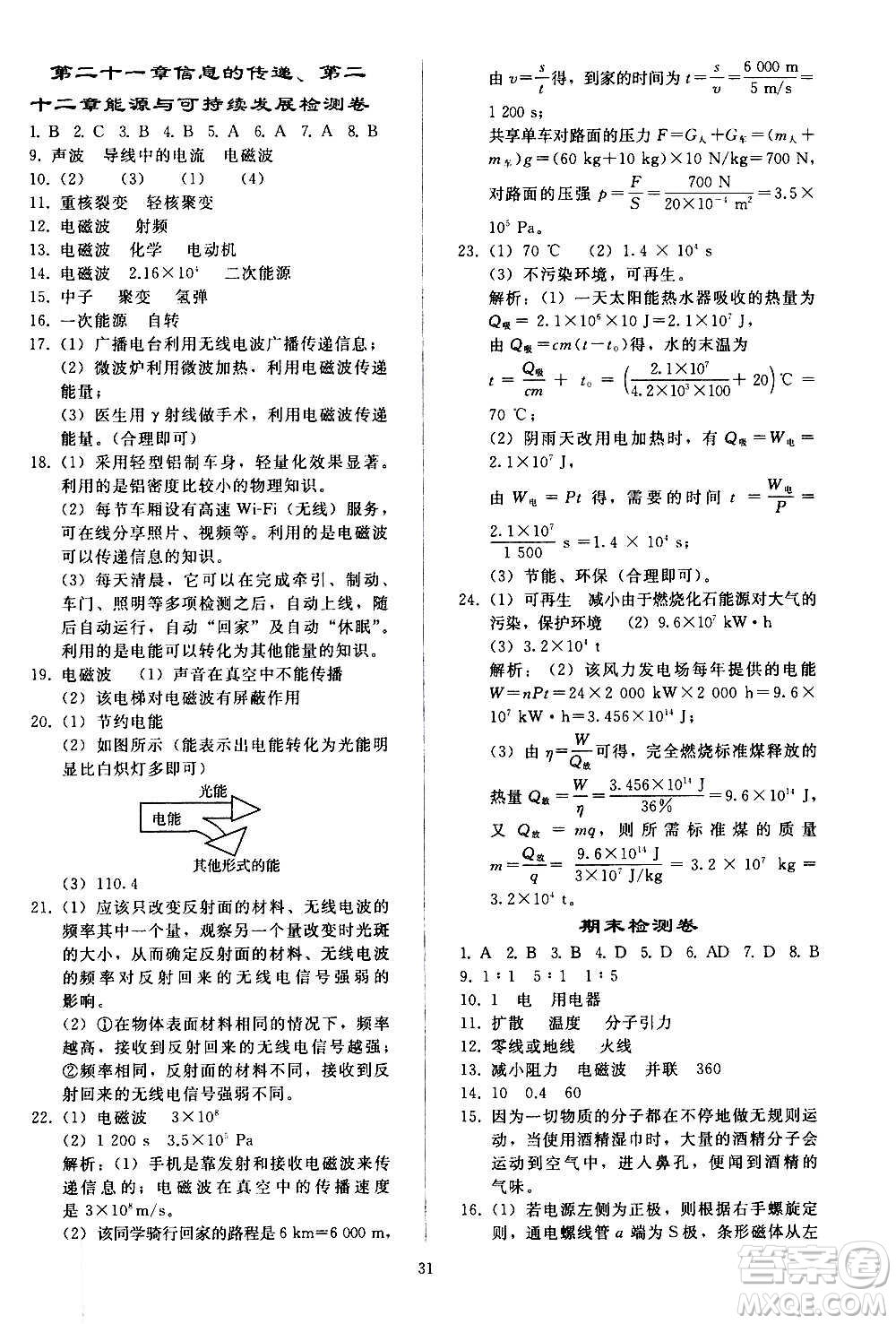 人民教育出版社2020秋同步輕松練習(xí)物理九年級全一冊人教版答案