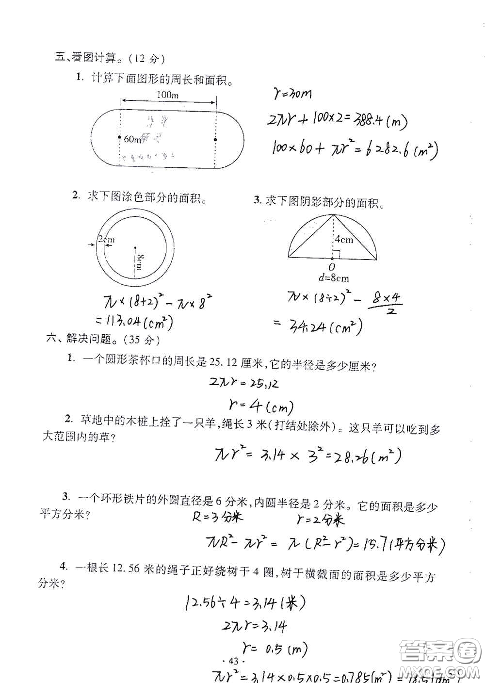 青島出版社2020單元自測(cè)試卷六年級(jí)數(shù)學(xué)上冊(cè)人教版答案