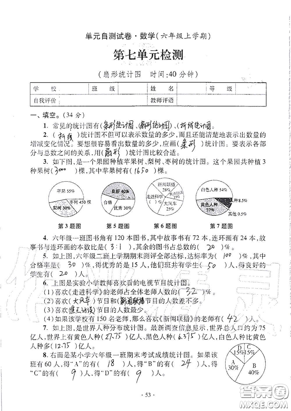 青島出版社2020單元自測(cè)試卷六年級(jí)數(shù)學(xué)上冊(cè)人教版答案